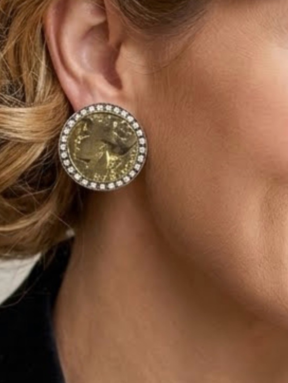 Vtg Nettie Rosenstein Cosimo III de’ Medici Coin Earrings with Pave’ Halo Rim
